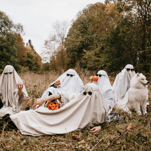 family in ghost costume with dog in Dallas, Texas